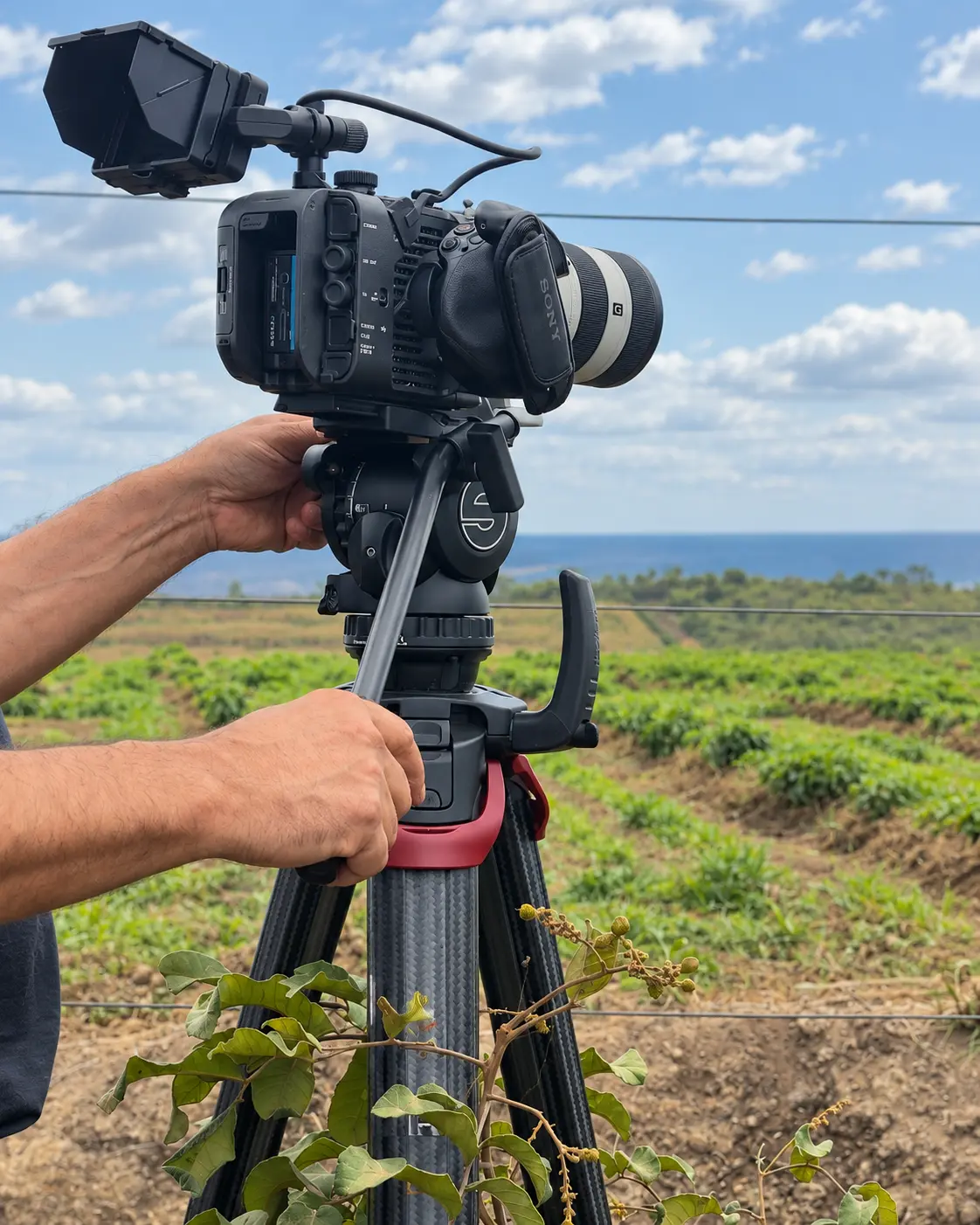 Adjusting the camera outdoors.