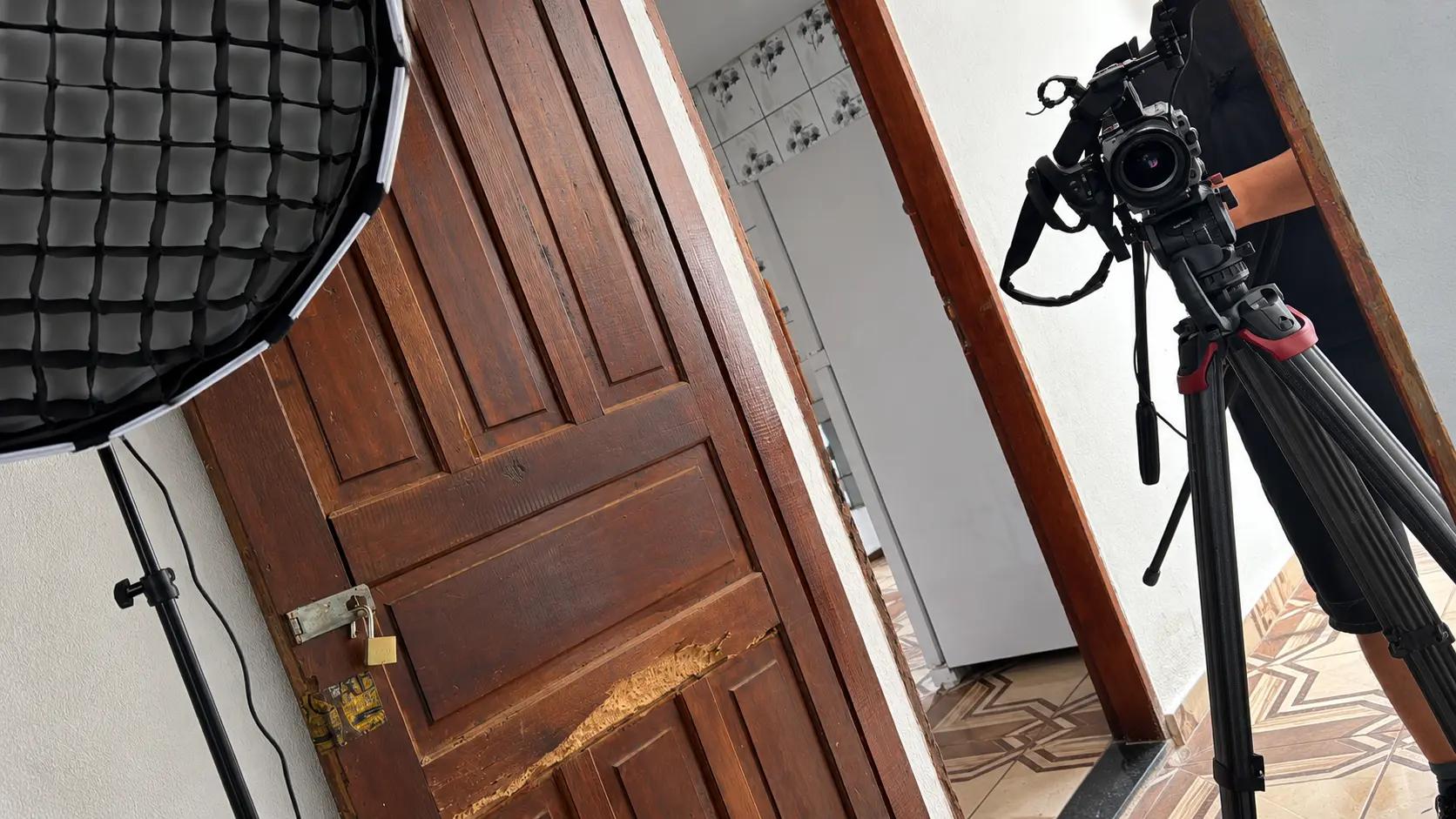 Indoor camera and lighting setup.