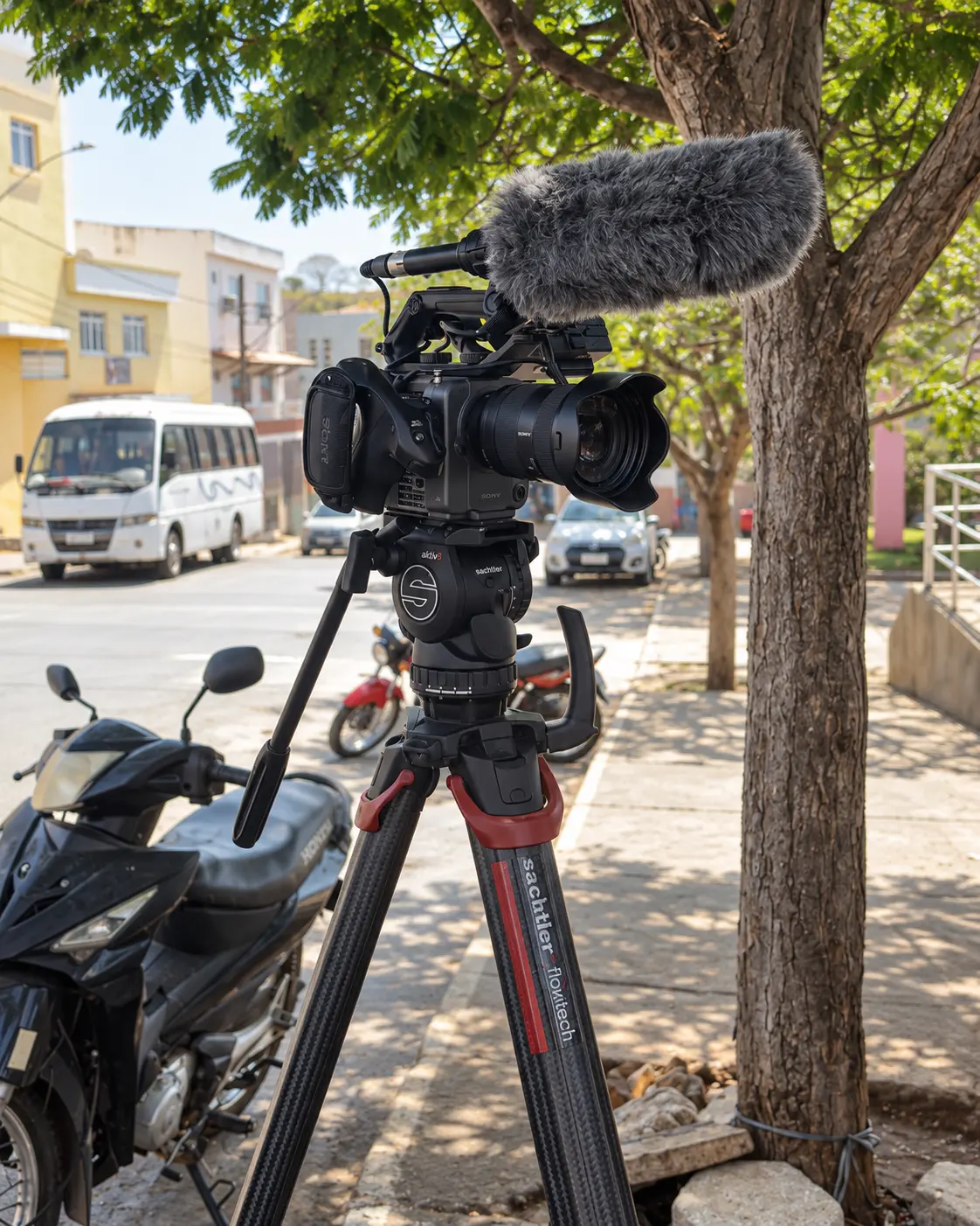 Equipment ready for filming in town.