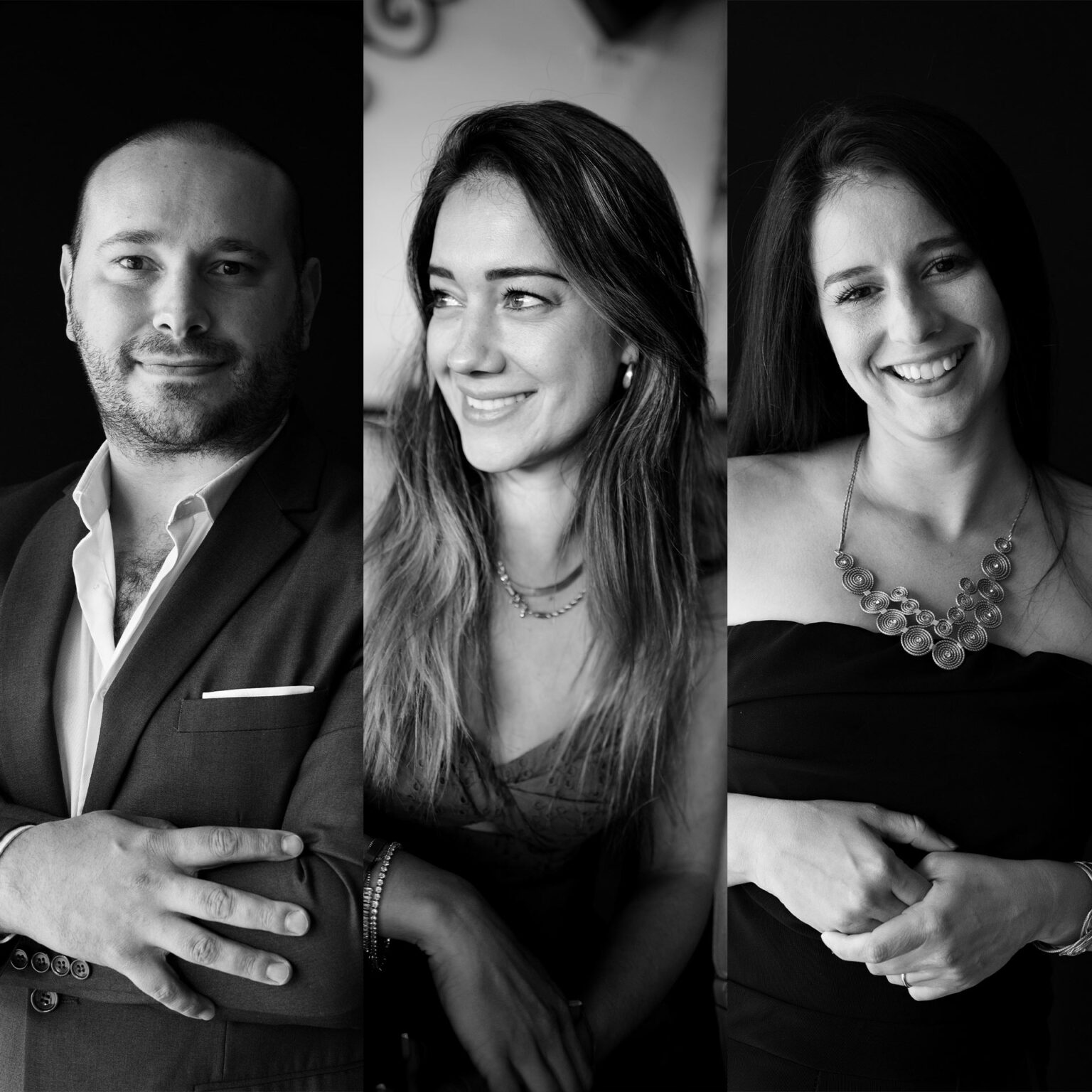 Três profissionais da equipe Good Times Production Brasil em retratos corporativos preto e branco em Belo Horizonte